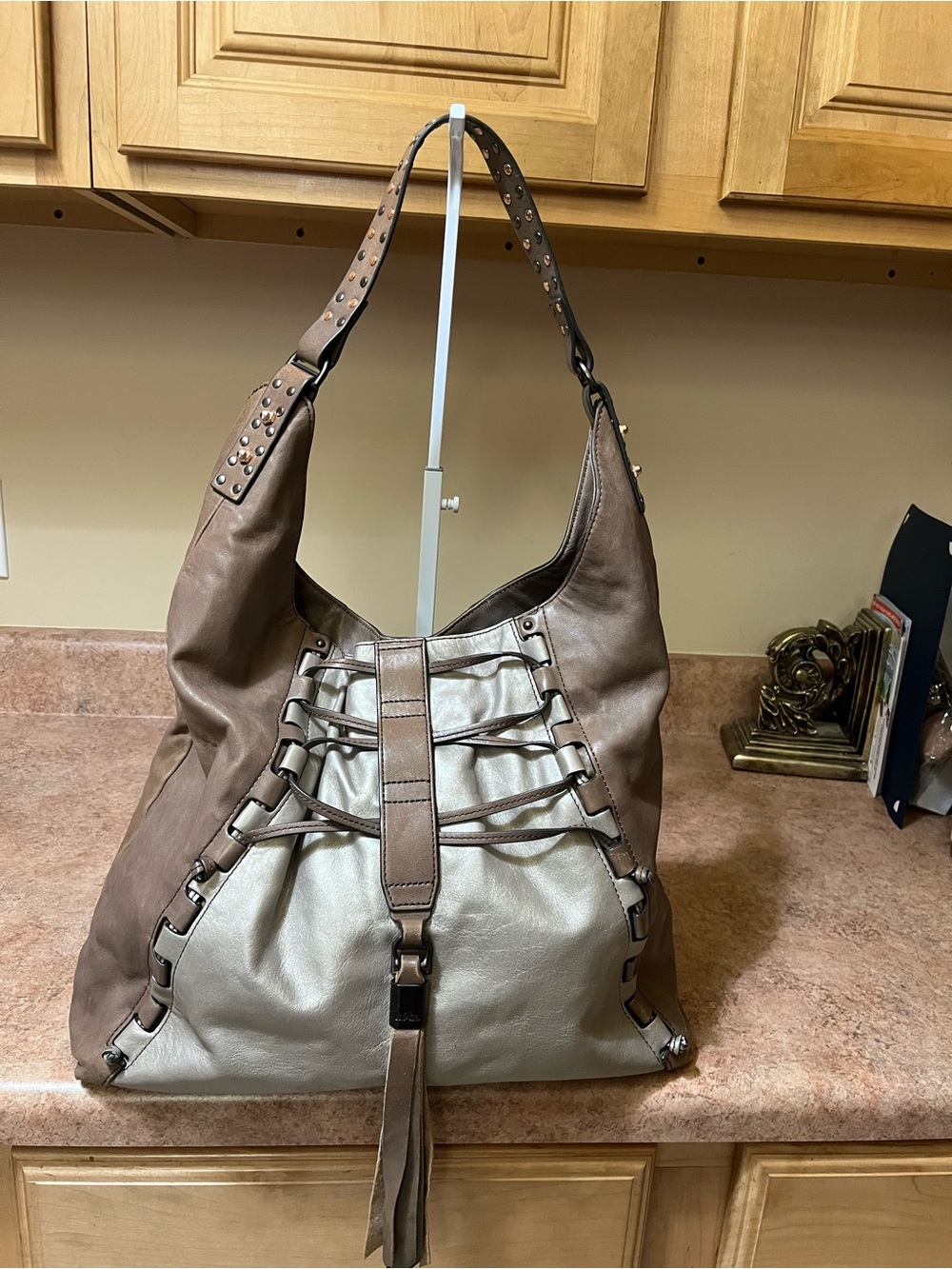 Kooba Metallic Taupe Leather Shoulder Bag with Tassel
